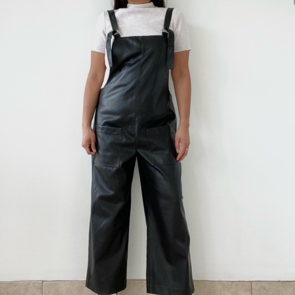 Zara Wide Straight Leg Relaxed Oversized Fit Faux Leather Jumpsuit/Overalls